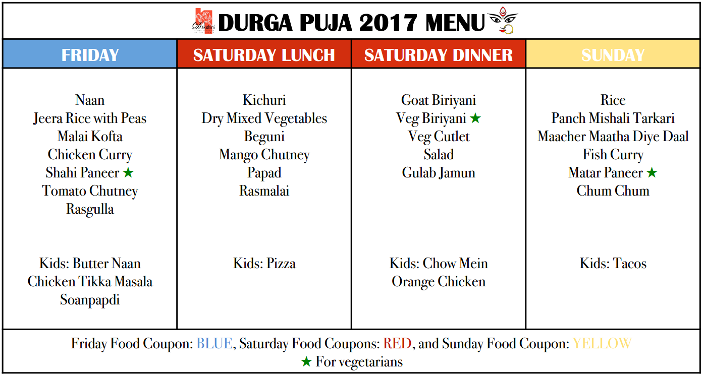 Durga Pujo 2017 Food Menu