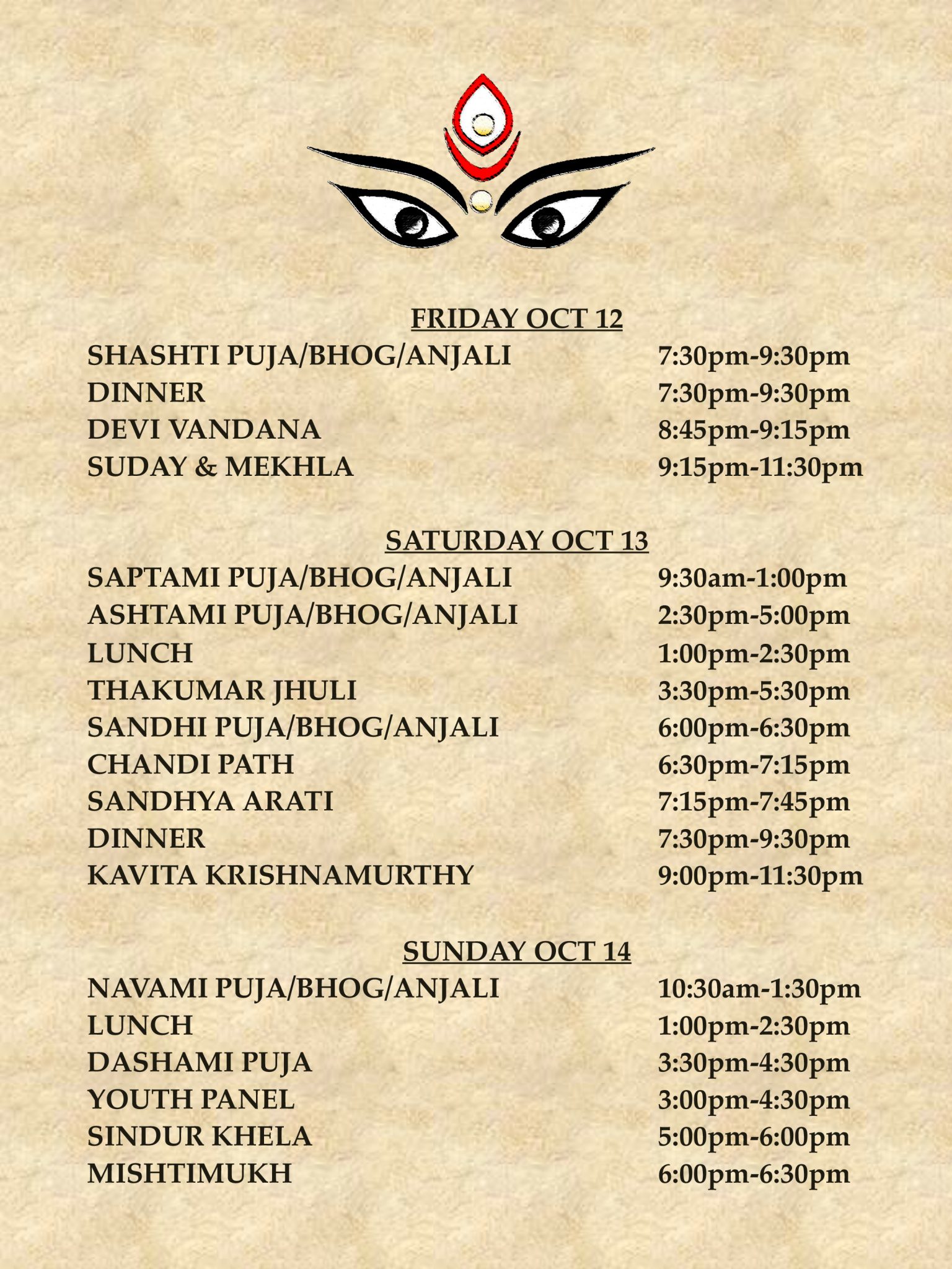 Durga Pujo 2018 Program Schedule