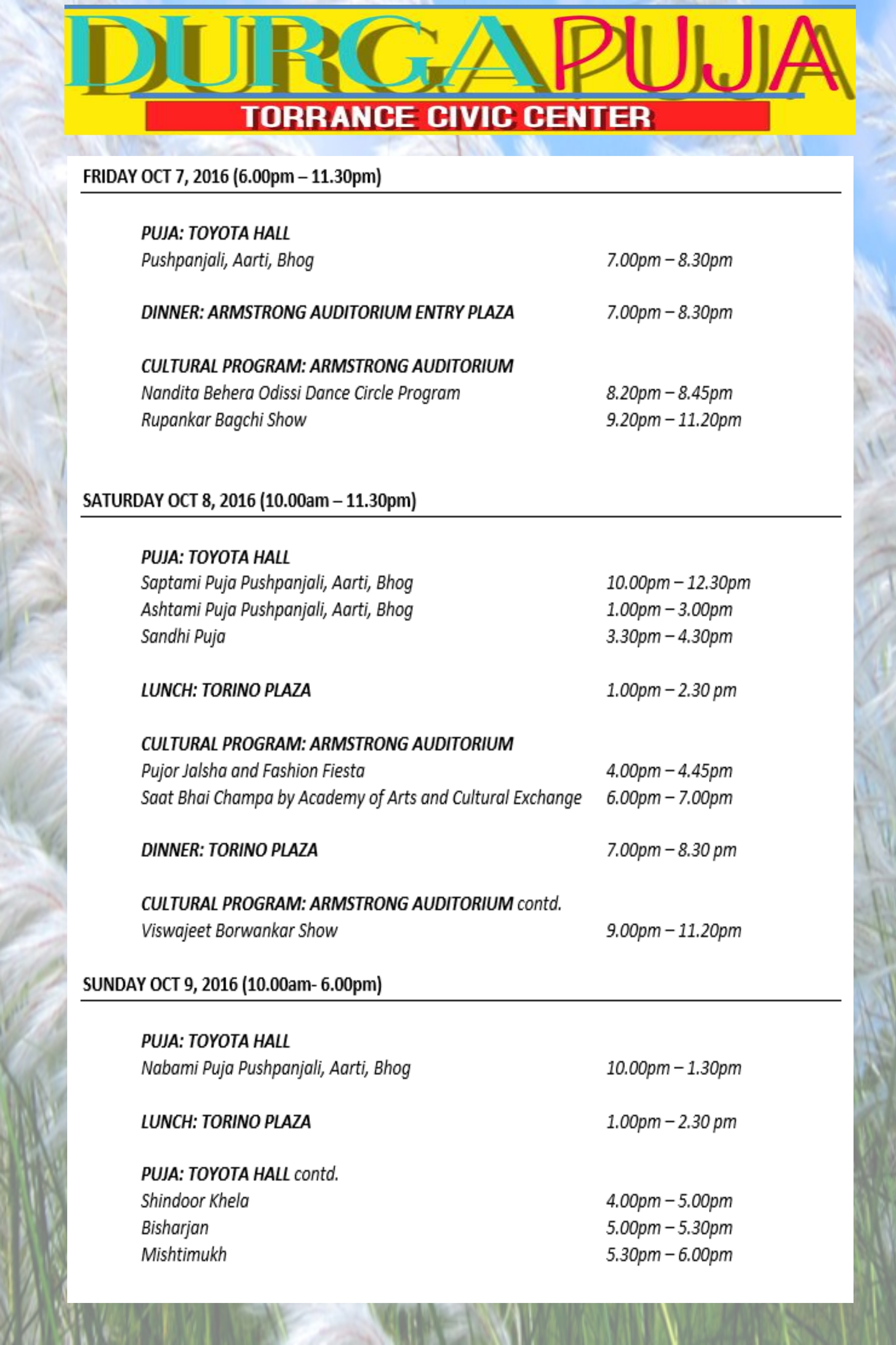 Puja 2016 Program Schedule
