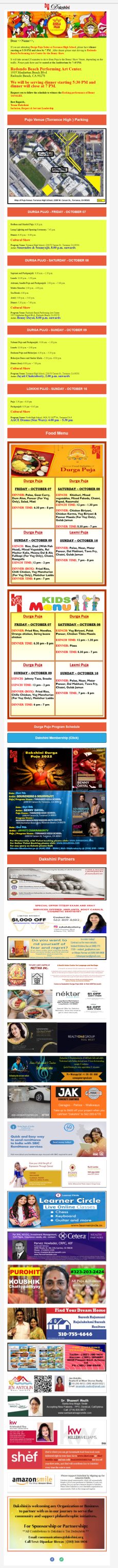 Important Reminder - Saturday Oct 8th Puja Schedule & Benny's Show