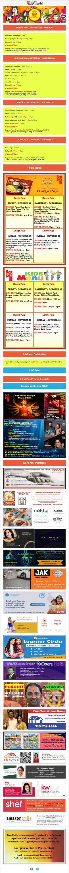 Pujo Schedule & Food Menu